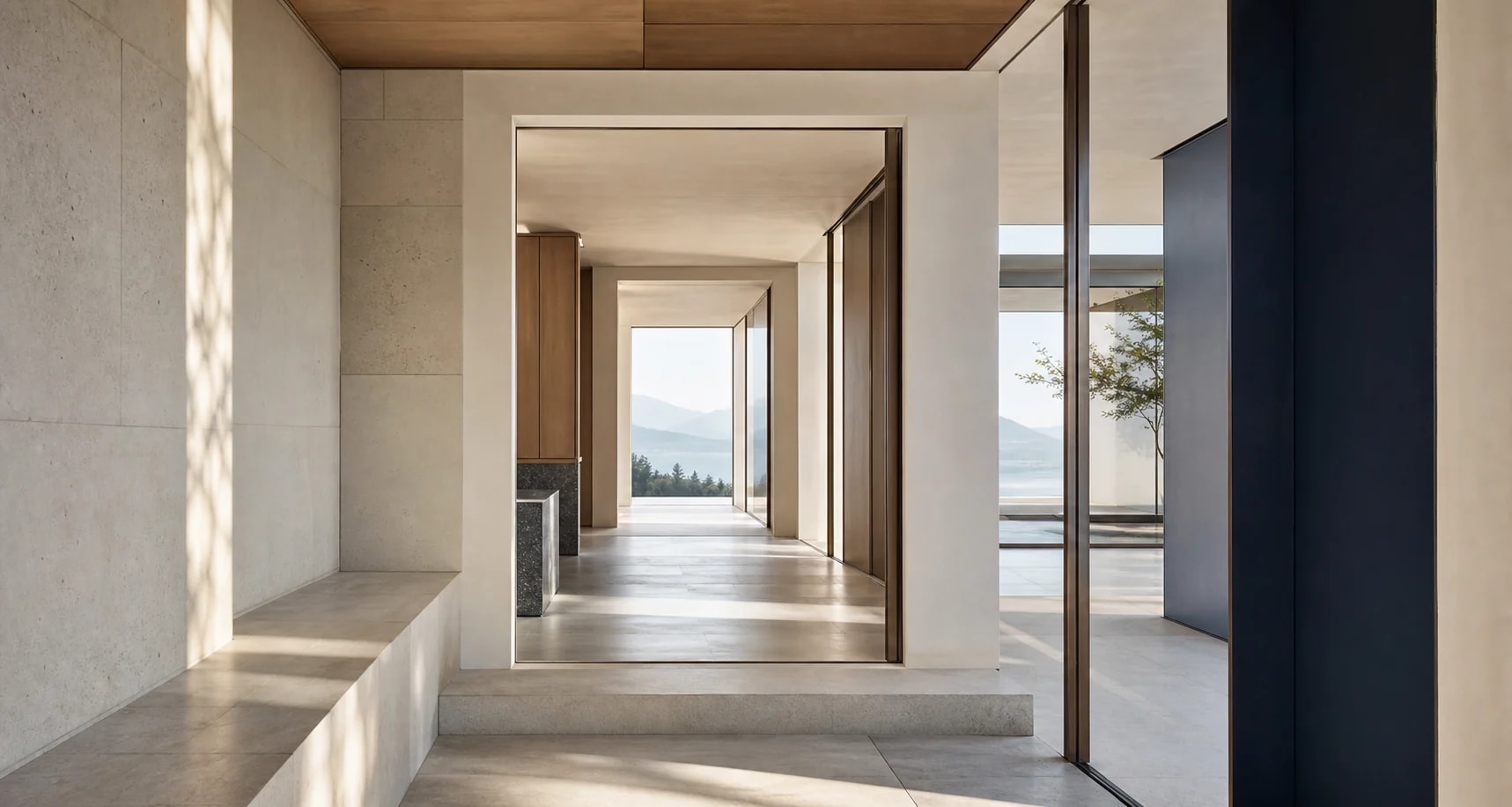 Geradlinige Raumfolgen in moderner Architektur mit Blick in die Ferne